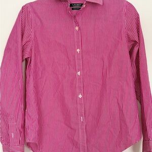 Lauren Ralph Lauren Women's Pink and White Striped Button Down Shirt